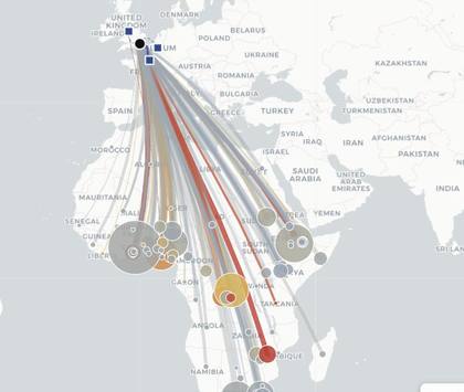 Map of African artifact origins and their routes to the British Museum.
